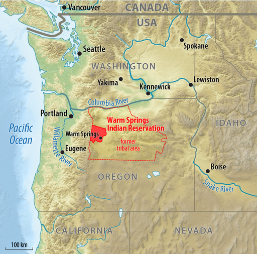 A map of present-day Oregon showing the location of the Warms Springs Indian Reservation in red. Land ceded to the U.S. government is outlined with a dotted red line.