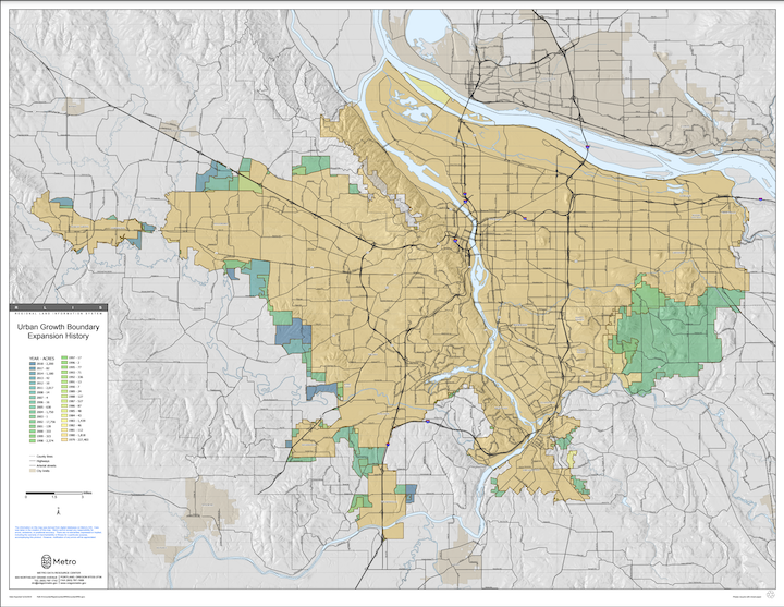 A map depicting the history of the expansion of Metro's urban growth boundary