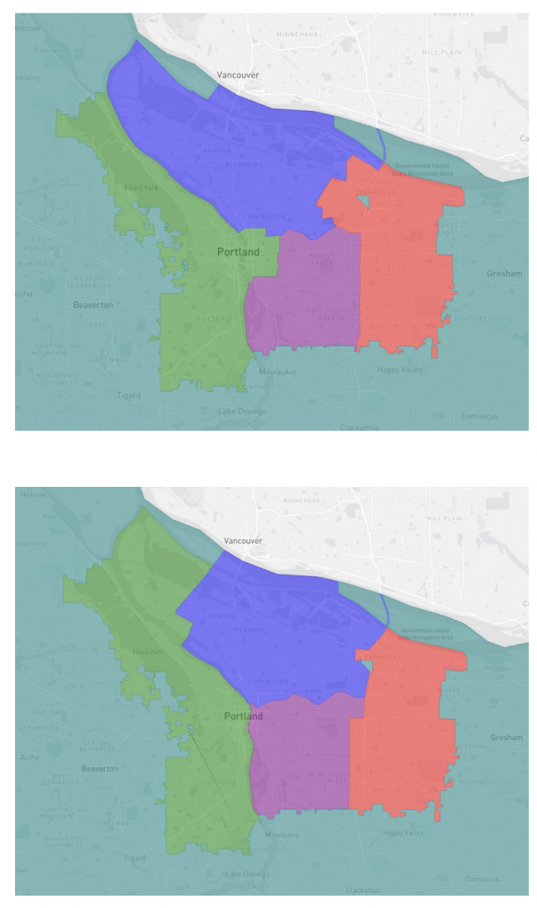 Two maps of the Portland metro area. Each shows a different configuration of four districts colored in green, blue, purple and red. Areas not included in the four districts are colored teal.