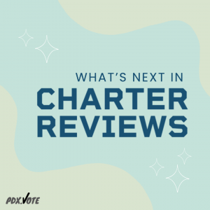 Blue all caps text on a light green and tan background. The text reads "What's next in charter reviews." PDX.Vote's logo is in the lower left corner.