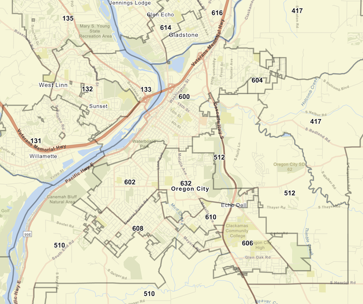 A map of the area surrounding Oregon City, Oregon with voter precincts outlined in black. Major roads and locations are named.