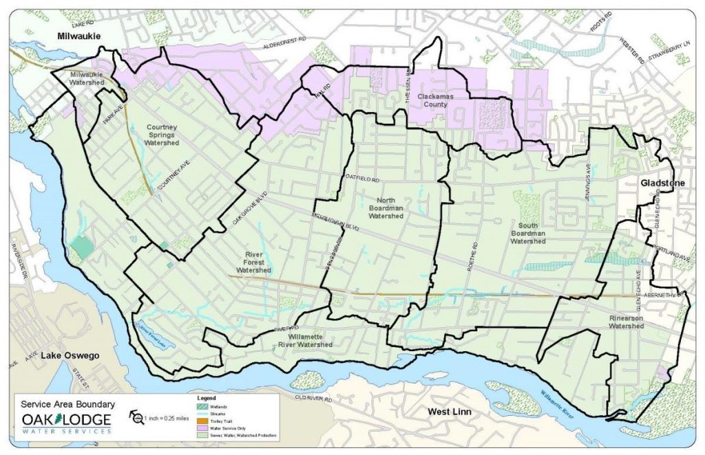 A map of the area between Milwaukie and Gladstone, Oregon, with local watersheds outlined in black. Major roads and waterways are labelled.